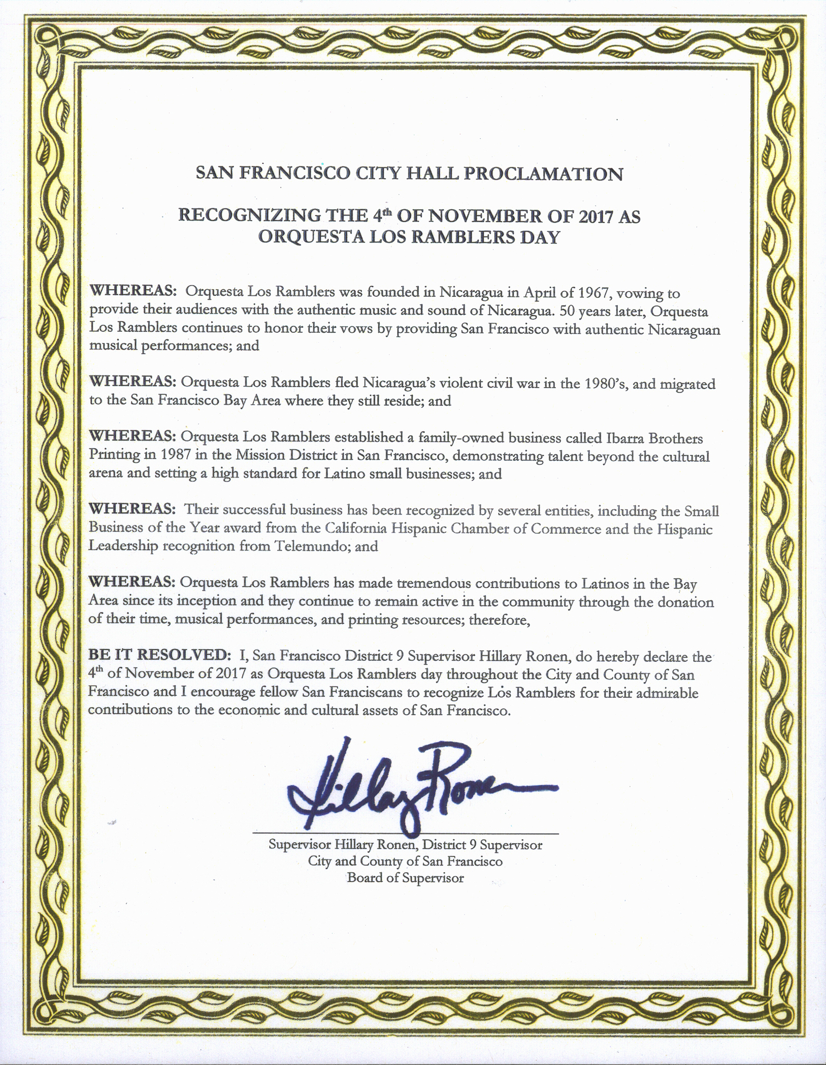 San Francisco City Hall Proclamation